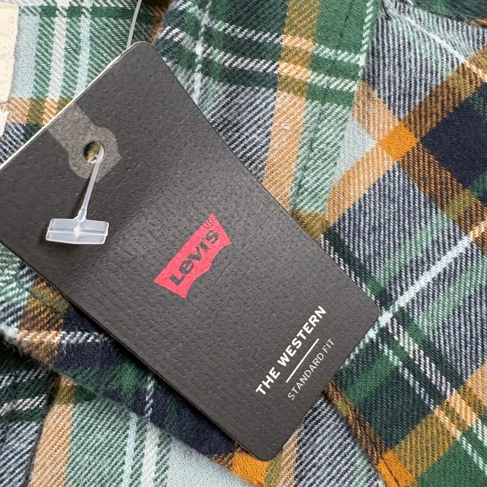 Levis Men Green Plaid The Western Standard Fit Cotton Flannel Shirt Pearl Snap L